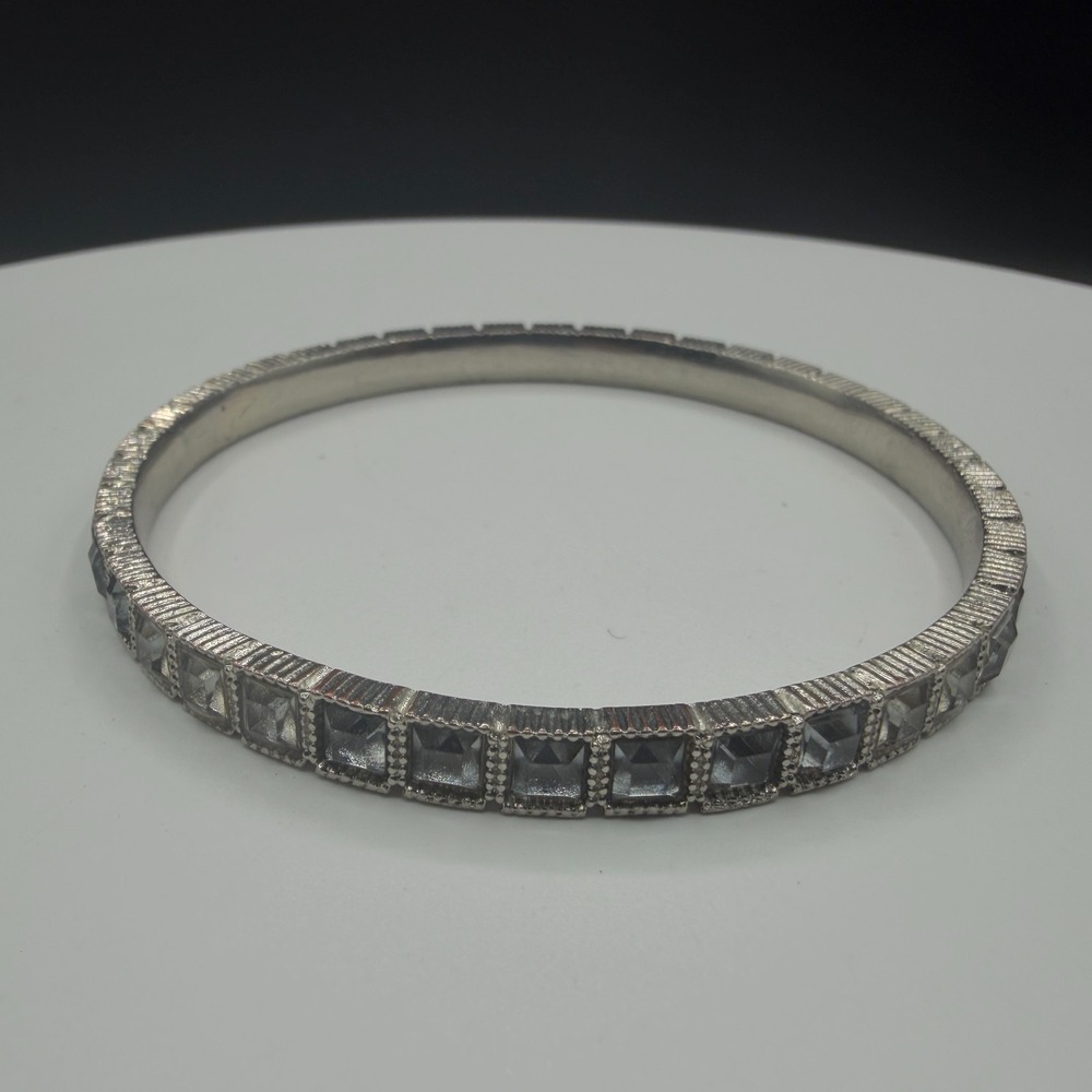 Silver Tone Square Crystal Bangle Bracelet Art Deco Statement Stackable Gift